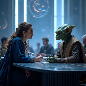 In a vast, futuristic great hall bathed in soft blue and silver light, a Jedi woman with cascading wavy light brown hair sits at a sleek, polished obsidian table. Her deep azure robe, intricately woven with shimmering threads that subtly reflect her determined demeanor, flows elegantly around her as she leans forward slightly, her intense gaze fixed on her counterpart. Across from her, a green-skinned alien with large, expressive eyes is adorned in a richly embroidered garment that gleams with vivid colors, hinting at their distant planet's culture. The atmosphere is thick with palpable tension, illuminated by the holographic displays hovering above the table, showcasing intricate star maps and data streams.

As they engage in a delicate negotiation, the Jedi's fingers lightly trace the edge of a metallic communicator, its faint hum in the air blending with the distant sounds of clinking glasses and hushed conversations from other negotiators throughout the hall. The aroma of exotic spices wafts in from a nearby banquet area, enveloping the scene in a warm, inviting ambiance contrasted by the seriousness of their discussion. The alien's voice resonates with a melodic yet firm cadence, while the Jedi’s replies are measured and precise, each word weighted with significance. Around them, other delegates glance in their direction, sensing the critical nature of this encounter, their expressions a mixture of curiosity and apprehension.