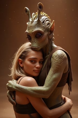 score_9, score_8_up, score_7_up, 1girl-human, hugging a rodian, alien