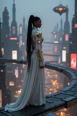 In a strikingly futuristic world reminiscent of a Star Wars universe, a beautiful black woman stands poised on a narrow catwalk that stretches precariously across the skyline of a sprawling, gleaming sci-fi city. Her long braids, intricately woven and pulled into a sleek ponytail, sway gently in the faint breeze, catching the shimmering light of the numerous neon signs and hovering vehicles below. She's clad in a stunning suit of white and gold futuristic armor, the armor gleaming brightly against the backdrop of the metallic cityscape, its intricate designs etched with luminous patterns that pulse softly with energy. A flowing robe billows behind her, its delicate fabric contrasting with the structured nature of her armor, adding an ethereal quality to her presence.

The catwalk is suspended high above the city, providing a breathtaking view of the dazzling architecture below—towering spires and interconnected bridges adorned with vibrant holographic advertisements. The scene is bathed in a twilight glow, the deep blues and purples of the evening sky providing a dramatic contrast to the bright city lights. Shot from above, the perspective accentuates her isolation and the dizzying height she occupies, creating an exhilarating sense of vertigo. The air hums with the distant buzz of hovercraft and the faint echo of voices, blending together to form a symphony of urban life. 

Her expression is one of determination and focus, embodying both the strength and grace of a warrior poised on the brink of adventure. Above her, a constellation of stars begins to twinkle, hinting at the vastness of the universe that surrounds this vibrant city, and a sense of destiny hangs in the air, as she prepares to embark on her next journey into the unknown.