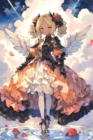 arch frame, tarot, black, shoulder_armor, 1_lady, Elf, tan skin, hazel_eyes, frilly black short dress with pink, white, and gold accents, night sky standing on water, blonde hair, side_buns, twin_tails, facing_viewer, white_tights, gold heels, angel wings, gold feathers falling, red rose petals falling, water ripples under feet, red rose petals on water, red roses in hair, cloud_scape, sunset top center,, princess,watercolor \(medium\),