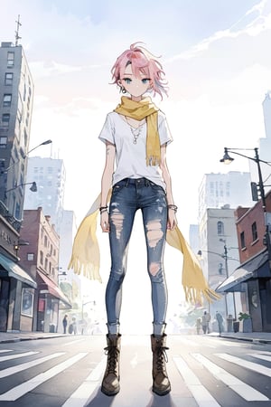 solo_female, hipster, pastel pink hair, long fohawk, blue eyes, white v neck tshirt, yellow scarf, silver ear piercings, silver face piercings, dark brown laced boots, unripped skinny jeans, city background, standing in street, full_body, aesthetic, masterpiece, best quality