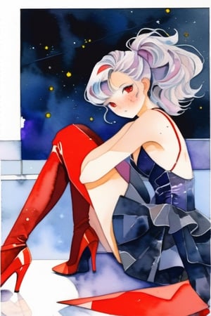 solo_female, dark stage, downshot, posters scattered on the floor, red curtians, low waist skirt, face freckles, sholder freckles high leg leotard, low cut back, silver hair, purple, red, yellow, sitting on floor, highheels, stockings, hair_past_waist, long_ponytail,watercolor \(medium\)