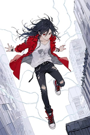 illustration, best quality, masterpiece, aesthetic, incredibly absurdres, high detail eyes, solo_male, black hair, long messy hair, grey eyes, short red punk trench coat, sleeves rolled up, black ripped jeans, chains on pants, white band v neck shirt, white and black high Converse sneakers with red laces, city background, flying above the street, electricity magic, full_body