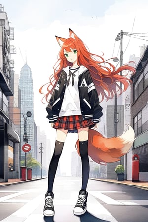 solo_female, fox girl, ginger hair, fox tail, long hair, green eyes, black and white letter jacket, red plaid skirt, white band shirt, white and black high top sneakers, black thighhighs, city background, standing in street full_body,