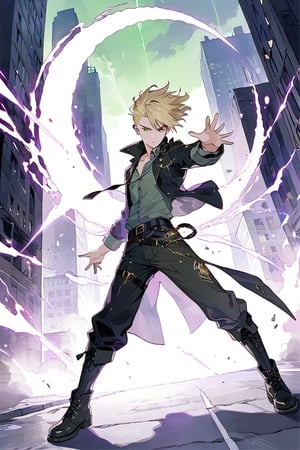 solo_male, heavy eye makeup, blonde hair, short fohawk, gold eyes, black and green jacket, dress shirt, green earrings, black combat boots, combat pants tucked in boots, city background, standing in street, full_body, aesthetic, masterpiece, best quality, purple energy magic, black holes around body, battle stance