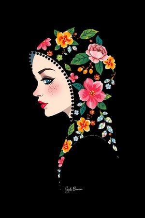 1girl, solo, simple background, artist name, profile, leaf, black background, veil, freckles, The image presents a stylized representation of a female figure with a headscarf intricately adorned with floral patterns. The artwork is executed in a watercolor style, characterized by its fluidity and the way colors blend into one another. The background is solid black, which accentuates the vibrancy of the floral designs on the headscarf and the subject's face. The color palette consists of a mix of pastels and vivid hues, including shades of pink, blue, green, and orange. The overall impression is one of elegance and creativity, with the floral motif suggesting themes of nature and femininity.

watercolor,paper texture,painting,watercolor paper,colored pencil,sketch,ART_painting