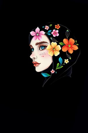 1girl, solo, simple background, artist name, profile, leaf, black background, veil, freckles, The image presents a stylized representation of a female figure with a headscarf intricately adorned with floral patterns. The artwork is executed in a watercolor style, characterized by its fluidity and the way colors blend into one another. The background is solid black, which accentuates the vibrancy of the floral designs on the headscarf and the subject's face. The color palette consists of a mix of pastels and vivid hues, including shades of pink, blue, green, and orange. The overall impression is one of elegance and creativity, with the floral motif suggesting themes of nature and femininity.

watercolor,paper texture,painting,watercolor paper,colored pencil,sketch,ART_painting