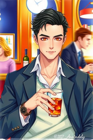 (1man), The man is 25 years old, solo, looking at viewer, short hair, red eyes, shirt, black hair, long sleeves, holding, pirsing, sitting, jacket, upper body, ((male focus)), vest, cup, holding cup, alcohol, watch, drinking, wristwatch, bar \(place\), 

motion blur, nuance. dynamic view, golden hour, splitter effect, Stylish. Cute, hot, 

watercolor,painting,art,paper texture,watercolor paper,sketch,colored pencil,ART_painting, watercolor