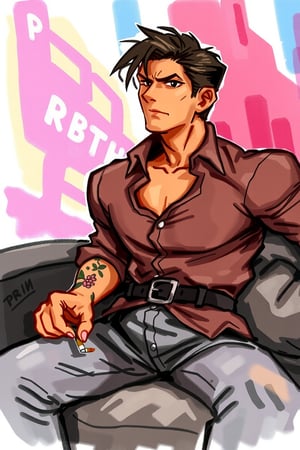 The vivid cartoon drawing, made at eye level, shows a sexy man with dark hair, wearing a button-down shirt with a black collar and long sleeves, belted with a black belt, sitting in a relaxed position on a gray sofa. His right hand rests on the armrest of the sofa, while in his left he holds a cigarette. His left wrist is decorated with tattoos that add brightness to the scene. The sofa is set against a background of pink and blue backlight, which creates a striking contrast with men's attire,watercolor,painting,paper texture,watercolor paper,sketch,colored pencil,ART_painting,art_solyanka, watercolor