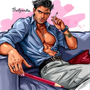 The vivid cartoon drawing, made at eye level, shows a sexy man with dark hair, wearing a button-down shirt with a black collar and long sleeves, belted with a black belt, sitting in a relaxed position on a gray sofa. His right hand rests on the armrest of the sofa, while in his left he holds a cigarette. His left wrist is decorated with tattoos that add brightness to the scene. The sofa is set against a background of pink and blue backlight, which creates a striking contrast with men's attire,watercolor,painting,paper texture,watercolor paper,sketch,colored pencil,ART_painting,art_solyanka, watercolor