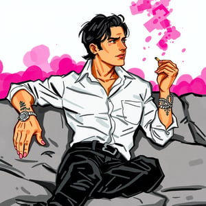 The vivid cartoon drawing, made at eye level, shows a sexy man with dark hair, wearing a button-down shirt with a black collar and long sleeves, belted with a black belt, sitting in a relaxed position on a gray sofa. His right hand rests on the armrest of the sofa, while in his left he holds a cigarette. His left wrist is decorated with tattoos that add brightness to the scene. The sofa is set against a background of pink and blue backlight, which creates a striking contrast with men's attire,watercolor,painting,paper texture,watercolor paper,sketch,colored pencil,ART_painting,art_solyanka, watercolor