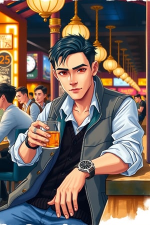 (1man), The man is 25 years old, solo, looking at viewer, short hair, red eyes, shirt, black hair, long sleeves, holding, pirsing, sitting, jacket, upper body, ((male focus)), vest, cup, holding cup, alcohol, watch, drinking, wristwatch, bar \(place\), 

motion blur, nuance. dynamic view, golden hour, splitter effect, Stylish. Cute, hot, 

watercolor,painting,art,paper texture,watercolor paper,sketch,colored pencil,ART_painting, watercolor