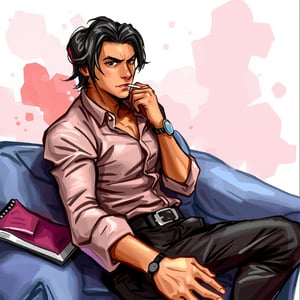 The vivid cartoon drawing, made at eye level, shows a sexy man with dark hair, wearing a button-down shirt with a black collar and long sleeves, belted with a black belt, sitting in a relaxed position on a gray sofa. His right hand rests on the armrest of the sofa, while in his left he holds a cigarette. His left wrist is decorated with tattoos that add brightness to the scene. The sofa is set against a background of pink and blue backlight, which creates a striking contrast with men's attire,watercolor,painting,paper texture,watercolor paper,sketch,colored pencil,ART_painting,art_solyanka, watercolor