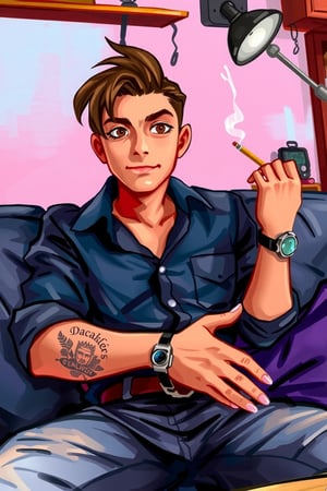 Captured at eye-level, a vibrant cartoon drawing of a young man with dark hair, wearing a black collared button-down long-sleeved button-up shirt, adorned with a black belt, is sitting on a gray couch. His right hand is resting on the armrest of the couch, while his left hand is holding a cigarette in his right hand. His left wrist is adorned with tattoos, adding a pop of color to the scene. The couch is set against a backdrop of pink and blue lighting, creating a striking contrast to the man's outfit.,watercolor,painting,paper texture,watercolor paper,sketch,colored pencil,ART_painting,art_solyanka