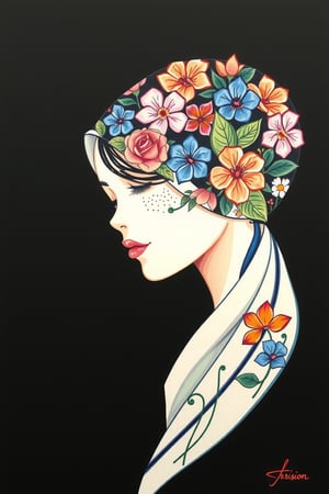 1girl, solo, simple background, artist name, profile, leaf, black background, veil, freckles, The image presents a stylized representation of a female figure with a headscarf intricately adorned with floral patterns. The artwork is executed in a watercolor style, characterized by its fluidity and the way colors blend into one another. The background is solid black, which accentuates the vibrancy of the floral designs on the headscarf and the subject's face. The color palette consists of a mix of pastels and vivid hues, including shades of pink, blue, green, and orange. The overall impression is one of elegance and creativity, with the floral motif suggesting themes of nature and femininity.

watercolor,paper texture,painting,watercolor paper,colored pencil,sketch,ART_painting