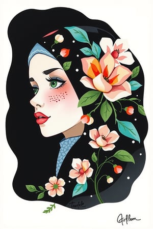 1girl, solo, simple background, artist name, profile, leaf, black background, veil, freckles, The image presents a stylized representation of a female figure with a headscarf intricately adorned with floral patterns. The artwork is executed in a watercolor style, characterized by its fluidity and the way colors blend into one another. The background is solid black, which accentuates the vibrancy of the floral designs on the headscarf and the subject's face. The color palette consists of a mix of pastels and vivid hues, including shades of pink, blue, green, and orange. The overall impression is one of elegance and creativity, with the floral motif suggesting themes of nature and femininity.

watercolor,paper texture,painting,watercolor paper,colored pencil,sketch,ART_painting