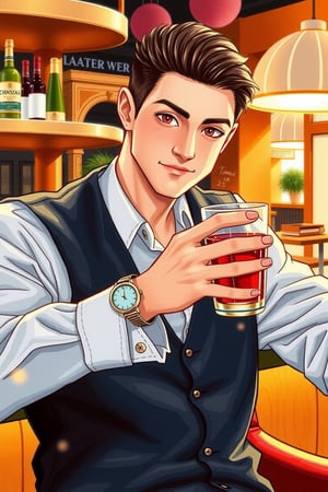 (1man), The man is 25 years old, solo, looking at viewer, short hair, red eyes, shirt, black hair, long sleeves, holding, pirsing, sitting, jacket, upper body, ((male focus)), vest, cup, holding cup, alcohol, watch, drinking, wristwatch, bar \(place\), 

motion blur, nuance. dynamic view, golden hour, splitter effect, Stylish. Cute, hot, 

watercolor,painting,art,paper texture,watercolor paper,sketch,colored pencil,ART_painting, watercolor