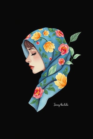 1girl, solo, simple background, artist name, profile, leaf, black background, veil, freckles, The image presents a stylized representation of a female figure with a headscarf intricately adorned with floral patterns. The artwork is executed in a watercolor style, characterized by its fluidity and the way colors blend into one another. The background is solid black, which accentuates the vibrancy of the floral designs on the headscarf and the subject's face. The color palette consists of a mix of pastels and vivid hues, including shades of pink, blue, green, and orange. The overall impression is one of elegance and creativity, with the floral motif suggesting themes of nature and femininity.

watercolor,paper texture,painting,watercolor paper,colored pencil,sketch