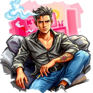 The vivid cartoon drawing, made at eye level, shows a sexy man with dark hair, wearing a button-down shirt with a black collar and long sleeves, belted with a black belt, sitting in a relaxed position on a gray sofa. His right hand rests on the armrest of the sofa, while in his left he holds a cigarette. His left wrist is decorated with tattoos that add brightness to the scene. The sofa is set against a background of pink and blue backlight, which creates a striking contrast with men's attire,watercolor,painting,paper texture,watercolor paper,sketch,colored pencil,ART_painting,art_solyanka, watercolor