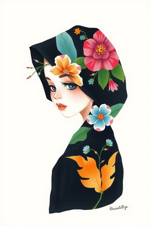 1girl, solo, simple background, artist name, profile, leaf, black background, veil, freckles, The image presents a stylized representation of a female figure with a headscarf intricately adorned with floral patterns. The artwork is executed in a watercolor style, characterized by its fluidity and the way colors blend into one another. The background is solid black, which accentuates the vibrancy of the floral designs on the headscarf and the subject's face. The color palette consists of a mix of pastels and vivid hues, including shades of pink, blue, green, and orange. The overall impression is one of elegance and creativity, with the floral motif suggesting themes of nature and femininity.

watercolor,paper texture,painting,watercolor paper,colored pencil,sketch,ART_painting