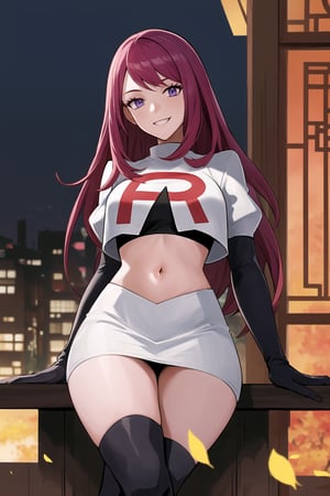 Team Rocket, cropped jacket, white jacket, crop top, jacket, gloves, black gloves, elbow gloves, navel, midriff, white skirt, miniskirt, skirt, black thighhigh boots,military_uniform,looking down at viewer, china, asiática, city, night, sky, (intricately detailed, hyperdetailed), blurry background,depth of field, best quality, masterpiece, intricate details, tonemapping, sharp focus, hyper detailed, trending on Artstation,1 girl, high res, official art,evil smile,crossed_legs_(sitting),IVY FE,purple_eyes,purple_hair