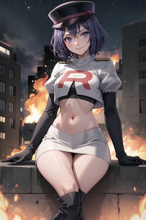 Team Rocket, cropped jacket, white jacket, crop top, jacket, gloves, black gloves, elbow gloves, navel, midriff, white skirt, miniskirt, skirt, black thighhigh boots ,military_uniform,white_military_hat,looking at viewer, city, night, sky, (intricately detailed, hyperdetailed), burning building background,depth of field, best quality, masterpiece, intricate details, tonemapping, sharp focus, hyper detailed, trending on Artstation,1 girl, high res, official art,evil smile,crossed_legs_(sitting),defBernie,purple_hair