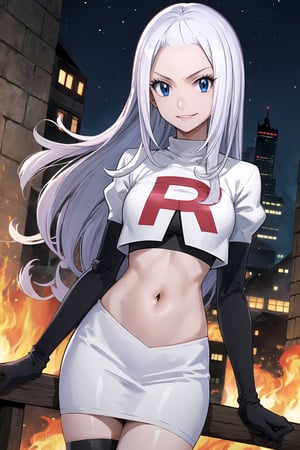 Team Rocket, cropped jacket, white jacket, crop top, jacket, gloves, black gloves, elbow gloves, navel, midriff, white skirt, miniskirt, skirt, black thighhigh boots,military_uniform,looking at viewer, city, night, sky, (intricately detailed, hyperdetailed), burning building background,depth of field, best quality, masterpiece, intricate details, tonemapping, sharp focus, hyper detailed, trending on Artstation,1 girl, high res, official art,evil smile,mirajane strauss, long hair, blue eyes, white hair, forehead