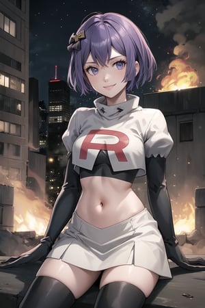 Team Rocket, cropped jacket, white jacket, crop top, jacket, gloves, black gloves, elbow gloves, navel, midriff, white skirt, miniskirt, skirt, black thighhigh boots,looking at viewer, city, night, sky, (intricately detailed, hyperdetailed), burning building background,depth of field, best quality, masterpiece, intricate details, tonemapping, sharp focus, hyper detailed, trending on Artstation,1 girl, high res, official art,evil smile,crossed_legs_(sitting),warBernie,purple_hair, hair bow