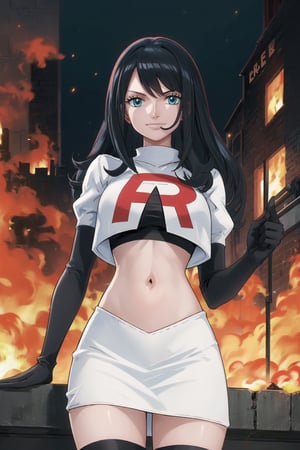 Team Rocket, cropped jacket, white jacket, crop top, jacket, gloves, black gloves, elbow gloves, navel, midriff, white skirt, miniskirt, skirt, black thighhigh boots,military_uniform,looking at viewer, city, night, sky, (intricately detailed, hyperdetailed), burning building background,depth of field, best quality, masterpiece, intricate details, tonemapping, sharp focus, hyper detailed, trending on Artstation,1 girl, high res, official art,evil smile,nicorob, black_hair,blue_eyes,long_hair