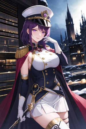 elbow gloves, white skirt, miniskirt, skirt, black thighhigh boots,white_gloves,white_military_uniform,white_military_hat,long white elbow gloves,sleeveless ,no_sleeves,shoulder_cape,looking at viewer, city, night, sky, (intricately detailed, hyperdetailed), frozen building background,depth of field, best quality, masterpiece, intricate details, tonemapping, sharp focus, hyper detailed, trending on Artstation,1 girl, high res, official art,evil smile,purple_eyes,IVY FE,purple-hair