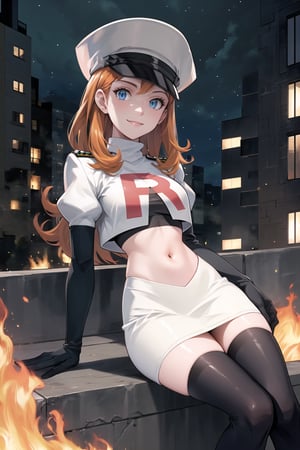 Team Rocket, cropped jacket, white jacket, crop top, jacket, gloves, black gloves, elbow gloves, navel, midriff, white skirt, miniskirt, skirt, black thighhighs,military_uniform,white_military_hat,looking at viewer, city, night, sky, (intricately detailed, hyperdetailed), burning building background,depth of field, best quality, masterpiece, intricate details, tonemapping, sharp focus, hyper detailed, trending on Artstation,1 girl, high res, official art,evil smile,crossed_legs_(sitting), annette_war,orange_hair,long_hair