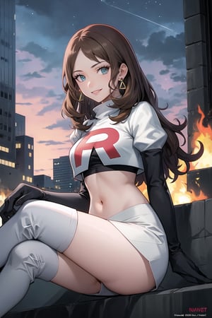 Team Rocket, cropped jacket, white jacket, crop top, jacket, gloves, black gloves, elbow gloves, navel, midriff, white skirt, miniskirt, skirt, black thighhigh boots,military_uniform,looking at viewer, city, night, sky, (intricately detailed, hyperdetailed), burning building background,depth of field, best quality, masterpiece, intricate details, tonemapping, sharp focus, hyper detailed, trending on Artstation,1 girl, high res, official art,evil smile,crossed_legs_(sitting),earings,dorothea,brown_hair,long_hair