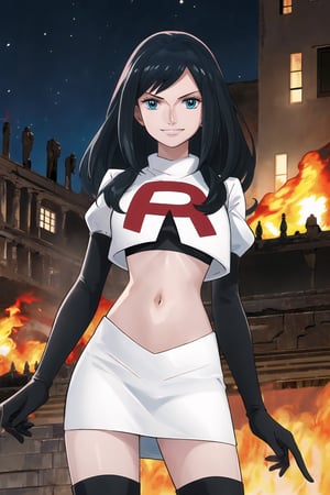 Team Rocket, cropped jacket, white jacket, crop top, jacket, gloves, black gloves, elbow gloves, navel, midriff, white skirt, miniskirt, skirt, black thighhigh boots,military_uniform,looking at viewer, city, night, sky, (intricately detailed, hyperdetailed), burning building background,depth of field, best quality, masterpiece, intricate details, tonemapping, sharp focus, hyper detailed, trending on Artstation,1 girl, high res, official art,evil smile,nicorob,  black_hair,blue_eyes