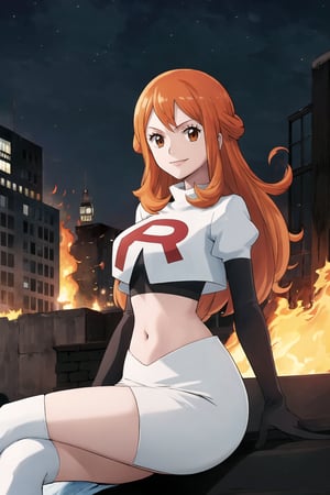 Team Rocket, cropped jacket, white jacket, crop top, jacket, gloves, black gloves, elbow gloves, navel, midriff, white skirt, miniskirt, skirt, black thighhigh boots,military_uniform,looking at viewer, city, night, sky, (intricately detailed, hyperdetailed), burning building background,depth of field, best quality, masterpiece, intricate details, tonemapping, sharp focus, hyper detailed, trending on Artstation,1 girl, high res, official art,evil smile,crossed_legs_(sitting),namipostn,orange_hair,brown_eyes,long_hair