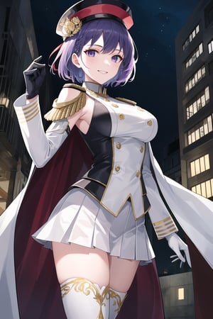 elbow gloves, white skirt, miniskirt, skirt, black thighhigh boots,white_gloves,white_military_uniform,white_military_hat,long white elbow gloves,sleeveless ,no_sleeves,shoulder_cape,looking at viewer, city, night, sky, (intricately detailed, hyperdetailed), frozen building background,depth of field, best quality, masterpiece, intricate details, tonemapping, sharp focus, hyper detailed, trending on Artstation,1 girl, high res, official art,evil smile,grey_eyes,purple-hair,defBernie,short_hair