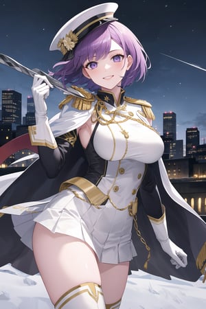 elbow gloves, white skirt, miniskirt, skirt, black thighhigh boots,white_gloves,white_military_uniform,white_military_hat,long white elbow gloves,sleeveless ,no_sleeves,shoulder_cape,looking at viewer, city, night, sky, (intricately detailed, hyperdetailed), frozen building background,depth of field, best quality, masterpiece, intricate details, tonemapping, sharp focus, hyper detailed, trending on Artstation,1 girl, high res, official art,evil smile,grey_eyes,purple-hair,short_hair,warBernie