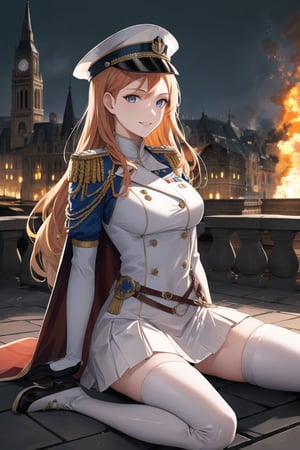 elbow gloves, white skirt, miniskirt, skirt, white_thighhigh_boots,military_uniform,military_hat,white_elbow_gloves,sleeveless ,no_sleeves,shoulder_cape,looking at viewer, city, night, sky, (intricately detailed, hyperdetailed), burning building background,depth of field, best quality, masterpiece, intricate details, tonemapping, sharp focus, hyper detailed, trending on Artstation,1 girl, high res, official art,evil smile,sitting_down,crossed_legs_(sitting),sitting_on_chair,light_blue_eyes,warAnne, long hair, wavy hair,orange_hair