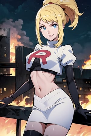 Team Rocket, cropped jacket, white jacket, crop top, jacket, gloves, black gloves, elbow gloves, navel, midriff, white skirt, miniskirt, skirt, black thighhigh boots,military_uniform,looking at viewer, city, night, sky, (intricately detailed, hyperdetailed), burning building background,depth of field, best quality, masterpiece, intricate details, tonemapping, sharp focus, hyper detailed, trending on Artstation,1 girl, high res, official art,evil smile,samus aran,ponytail, hair tie,blond_hair,blue_eyes