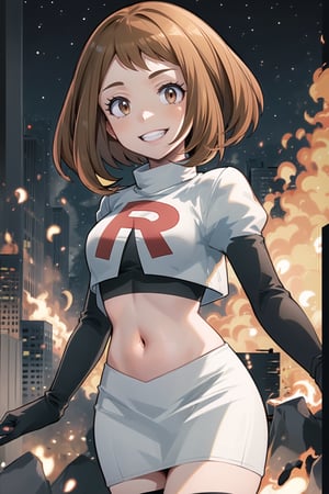 Team Rocket, cropped jacket, white jacket, crop top, jacket, gloves, black gloves, elbow gloves, navel, midriff, white skirt, miniskirt, skirt, black thighhigh boots,military_uniform,looking at viewer, city, night, sky, (intricately detailed, hyperdetailed), burning building background,depth of field, best quality, masterpiece, intricate details, tonemapping, sharp focus, hyper detailed, trending on Artstation,1 girl, high res, official art,evil smile,posing,brown_hair,brown_eyes,hmochako, short hair