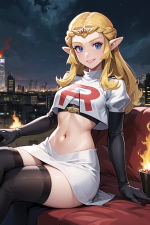 Team Rocket, cropped jacket, white jacket, crop top, jacket, gloves, black gloves, elbow gloves, navel, midriff, white skirt, miniskirt, skirt, black thighhigh boots,military_uniform,looking at viewer, city, night, sky, (intricately detailed, hyperdetailed), burning building background,depth of field, best quality, masterpiece, intricate details, tonemapping, sharp focus, hyper detailed, trending on Artstation,1 girl, high res, official art,evil smile,sitting_down,crossed_legs_(sitting),Ocarina of Time Zelda,blond_hair