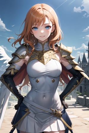 golden_armour,angel_wings,flying,holding_katana,shoulder_armour,Valkyare_armour,heroine,elbow gloves, white skirt, white_gloves,miniskirt, skirt,long white elbow gloves,sleeveless ,no_sleeves,shoulder_cape,looking at viewer, day sky, (intricately detailed, hyperdetailed), castle building background,depth of field, best quality, masterpiece, intricate details, tonemapping, sharp focus, hyper detailed, trending on Artstation,1 girl, high res, official art, smile,hands_on_hips,light_blue_eyes,warAnne, long hair, wavy hair,orange_hair