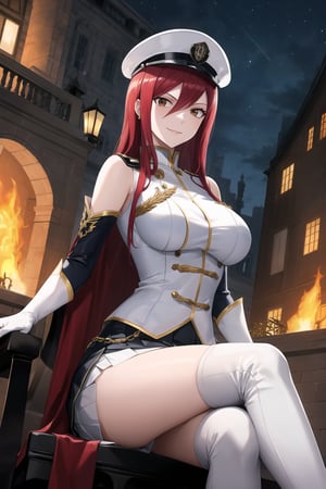 elbow gloves, white skirt, miniskirt, skirt, white_thighhigh_boots,military_uniform,military_hat,white_elbow_gloves,sleeveless ,no_sleeves,shoulder_cape,looking at viewer, city, night, sky, (intricately detailed, hyperdetailed), burning building background,depth of field, best quality, masterpiece, intricate details, tonemapping, sharp focus, hyper detailed, trending on Artstation,1 girl, high res, official art,evil smile,sitting_down,crossed_legs_(sitting),sitting_on_chair, jewelry,FAIRYTAIL_ERZA,red_hair,brown_eyes