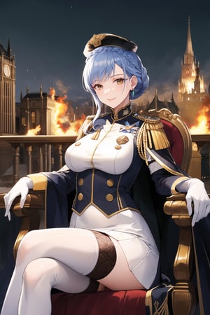 elbow gloves, white skirt, miniskirt, skirt, white_thighhigh_boots,military_uniform,military_hat,white_elbow_gloves,sleeveless ,no_sleeves,shoulder_cape,looking at viewer, city, night, sky, (intricately detailed, hyperdetailed), burning building background,depth of field, best quality, masterpiece, intricate details, tonemapping, sharp focus, hyper detailed, trending on Artstation,1 girl, high res, official art,evil smile,sitting_down,crossed_legs_(sitting),sitting_on_chair, jewelry,marianneuniform, crown braid,blue_hair,brown_eyes