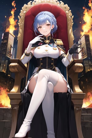 elbow gloves, white skirt, miniskirt, skirt, white_thighhigh_boots,military_uniform,military_hat,white_elbow_gloves,sleeveless ,no_sleeves,shoulder_cape,looking at viewer, city, night, sky, (intricately detailed, hyperdetailed), burning building background,depth of field, best quality, masterpiece, intricate details, tonemapping, sharp focus, hyper detailed, trending on Artstation,1 girl, high res, official art,evil smile,sitting_down,crossed_legs_(sitting),sitting_on_chair, jewelry,marianneuniform, crown braid,blue_hair,brown_eyes