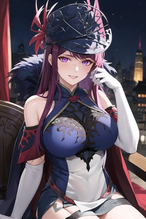 elbow gloves, white skirt, miniskirt, skirt, black thighhigh boots,military_uniform,military_hat,long white elbow gloves,sleeveless ,no_sleeves,shoulder_cape,looking at viewer, china, asiática, city, night, sky, (intricately detailed, hyperdetailed), blurry background,depth of field, best quality, masterpiece, intricate details, tonemapping, sharp focus, hyper detailed, trending on Artstation,1 girl, high res, official art,evil smile,crossed_legs_(sitting),IVY FE,purple_eyes,purple_hair