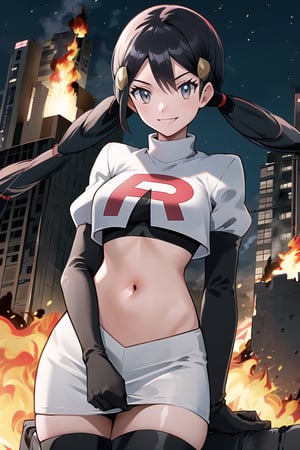 Team Rocket, cropped jacket, white jacket, crop top, jacket, gloves, black gloves, elbow gloves, navel, midriff, white skirt, miniskirt, skirt, black thighhigh boots,military_uniform,looking at viewer, city, night, sky, (intricately detailed, hyperdetailed), burning building background,depth of field, best quality, masterpiece, intricate details, tonemapping, sharp focus, hyper detailed, trending on Artstation,1 girl, high res, official art,evil smile,Candice_PKM,twintails