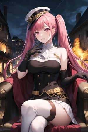 elbow gloves, white skirt, miniskirt, skirt, white_thighhigh_boots,military_uniform,military_hat,white_elbow_gloves,sleeveless ,no_sleeves,shoulder_cape,looking at viewer, city, night, sky, (intricately detailed, hyperdetailed), burning building background,depth of field, best quality, masterpiece, intricate details, tonemapping, sharp focus, hyper detailed, trending on Artstation,1 girl, high res, official art,evil smile,sitting_down,crossed_legs_(sitting),sitting_on_chair,hilda_valentine_goneril, pink hair, long hair, pink eyes, twintails, jewelry 