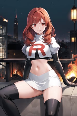 Team Rocket, cropped jacket, white jacket, crop top, jacket, gloves, black gloves, elbow gloves, navel, midriff, white skirt, miniskirt, skirt, black thighhigh boots,military_uniform,looking at viewer, city, night, sky, (intricately detailed, hyperdetailed), burning building background,depth of field, best quality, masterpiece, intricate details, tonemapping, sharp focus, hyper detailed, trending on Artstation,1 girl, high res, official art,evil smile,crossed_legs_(sitting),celica fe,red_hair,red_eyes