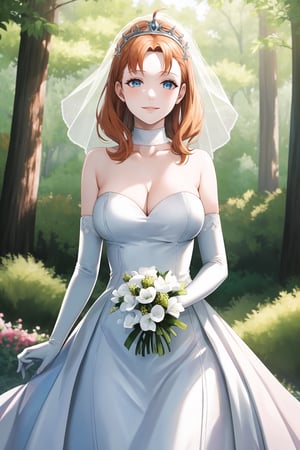 annette_war,hair between eyes, ahoge, orange_hair, star \(symbol\), hair ornament, dress, cleavage, bare shoulders, collarbone, long white elbow gloves, white gloves, white dress, white choker, strapless, tiara, veil, strapless dress, wedding dress, bridal veil, beautiful woman, perfect body, perfect breasts, wearing a wedding dress, ball gown, in the park trees, wedding decorations, a in love smile, realism, masterpiece, textured skin, super detail, high detail, high quality, best quality, 1080p, 16k,