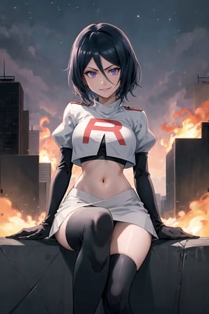 Team Rocket, cropped jacket, white jacket, crop top, jacket, gloves, black gloves, elbow gloves, navel, midriff, white skirt, miniskirt, skirt, black thighhigh boots,military_uniform,looking at viewer, city, night, sky, (intricately detailed, hyperdetailed), burning building background,depth of field, best quality, masterpiece, intricate details, tonemapping, sharp focus, hyper detailed, trending on Artstation,1 girl, high res, official art,evil smile,crossed_legs_(sitting),Rukia, black hair, short hair, hair between eyes, purple eyes